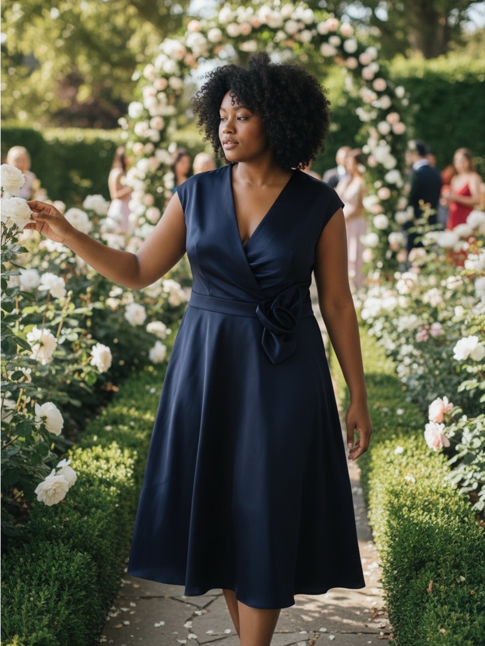 Satin Navy Midi Dress with Floral Waist Accent